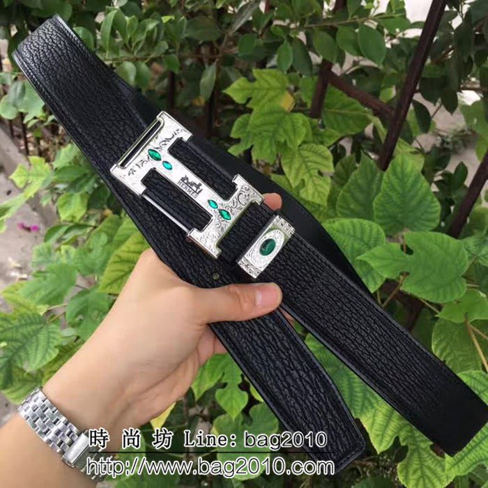 愛馬仕HERMES 太平洋深海鯊魚皮 斯里蘭卡鑲鑽貓眼石高端男士皮帶 HHG1374